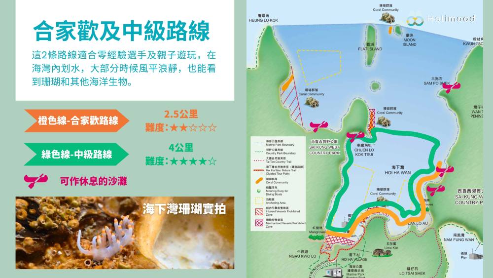 Holimood 海下灣獨木舟路線圖,標示合家歡與中級路線、沙灘和珊瑚位置