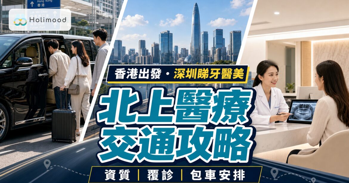港人北上深圳睇牙醫美交通攻略，展示中港包車、深圳天際線及診所諮詢場景