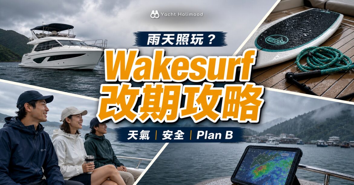 Wakesurf雨天安排與改期攻略：遊艇、滑水板、天氣雷達與船上朋友的香港旅遊媒體風格拼貼封面