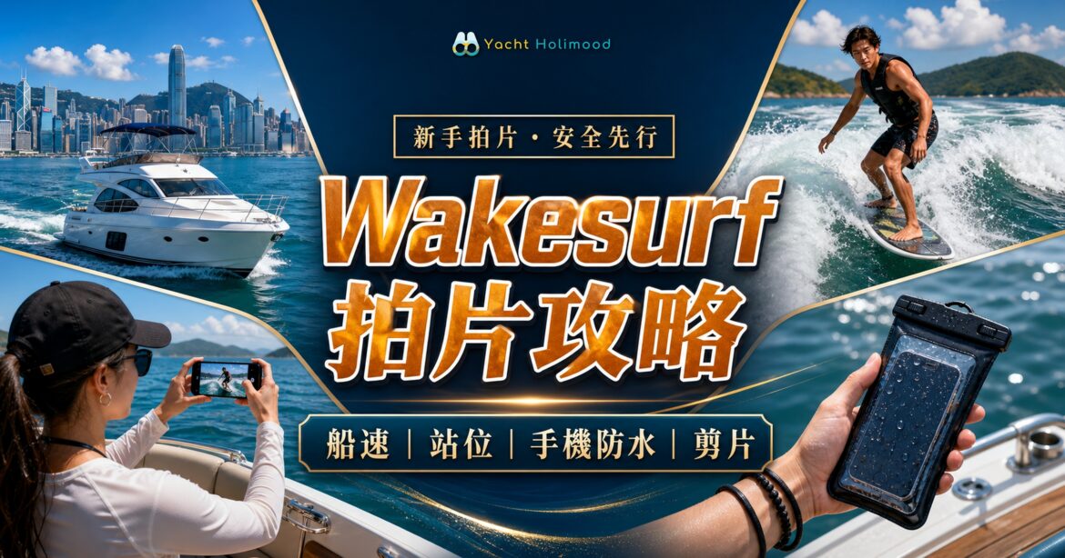 Wakesurf 拍片攻略封面：遊艇、無繩滑水者、手機防水袋與海上拍攝場景