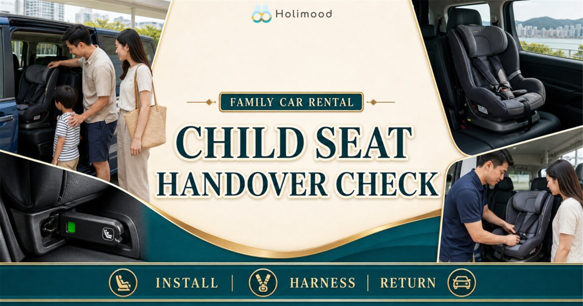 A Hong Kong family car-rental handover with parents checking a child seat, ISOFIX anchorage, harness and return condition