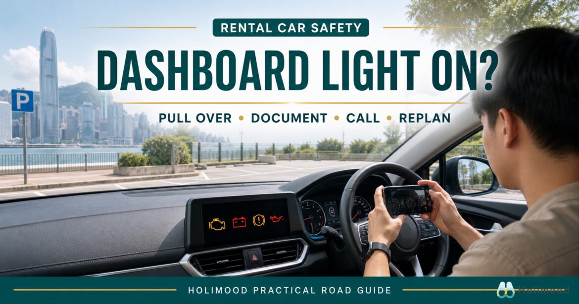 Hong Kong rental-car driver safely stopped and documenting dashboard warning lights before calling support