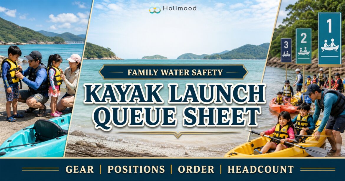 A Hong Kong Sai Kung family kayak launch queue with adults fitting child life jackets, stabilising kayaks and completing a headcount
