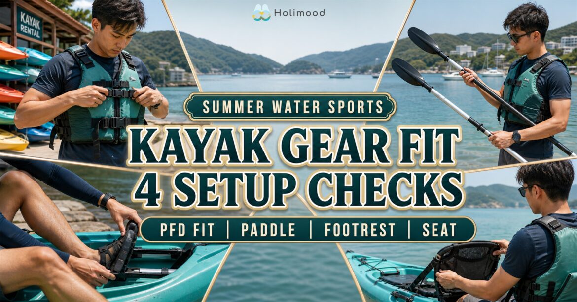 Kayak rental gear fitting in Sai Kung, Hong Kong, showing PFD fit, paddle length, footrest and seat adjustment