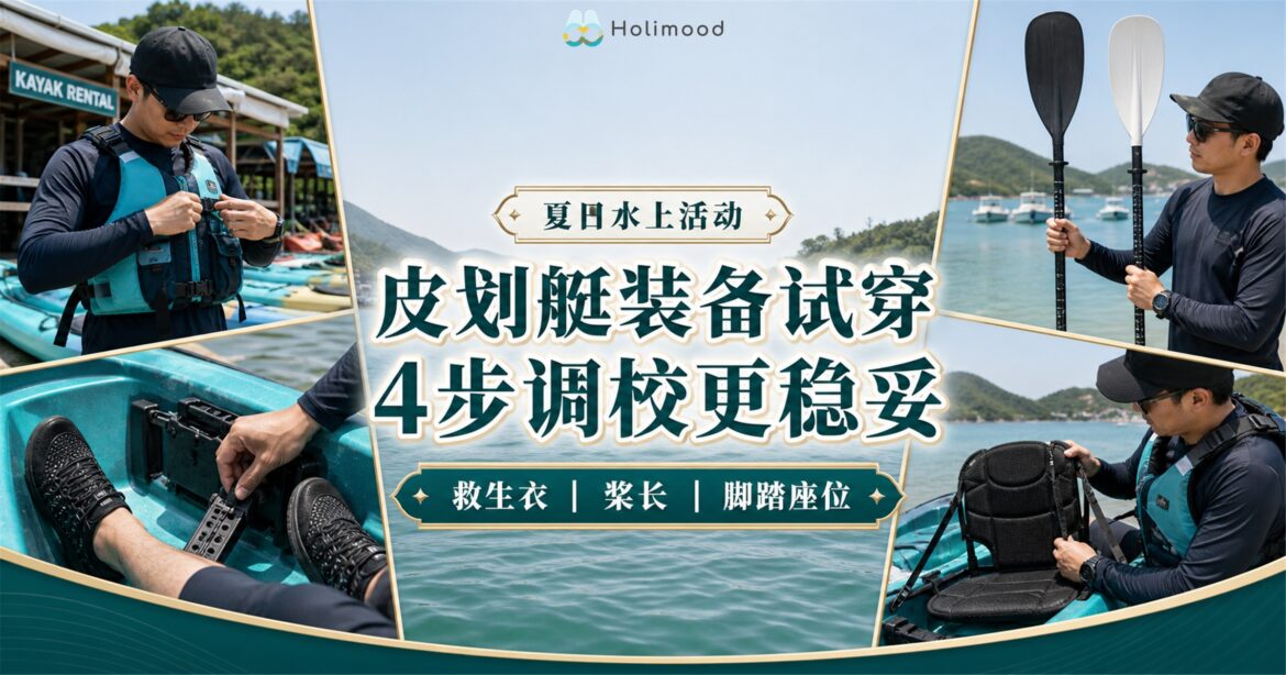 香港西贡皮划艇租借装备试穿，示范救生衣松紧、桨长、脚踏与座位调整