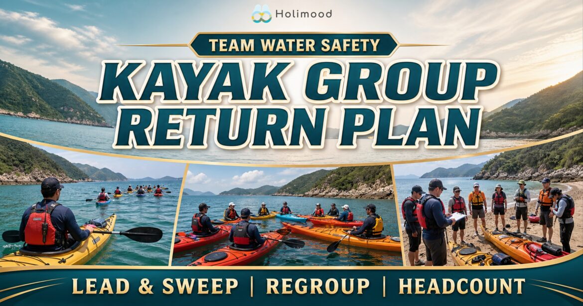 A Hong Kong Sai Kung kayak group returns with lead and sweep roles, regroups at turns, and completes a shore-side headcount