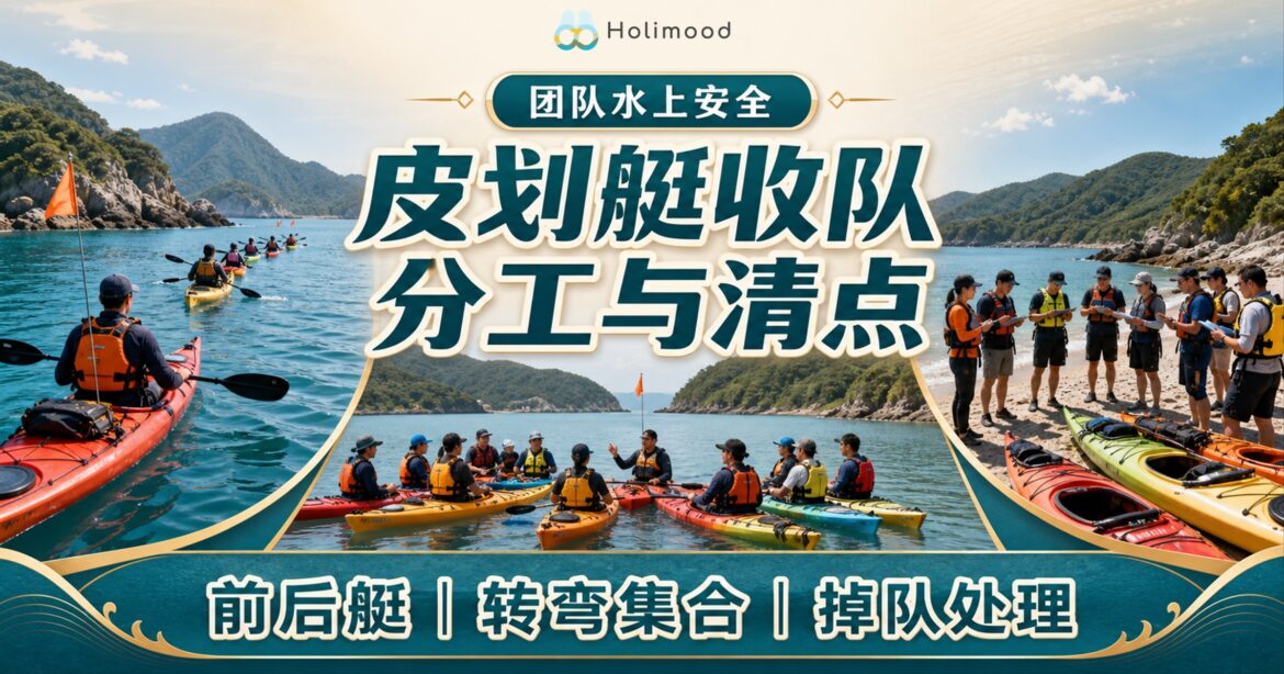香港西贡皮划艇团队收队，前后艇分工保持队形，转弯集合后上岸清点人数与装备