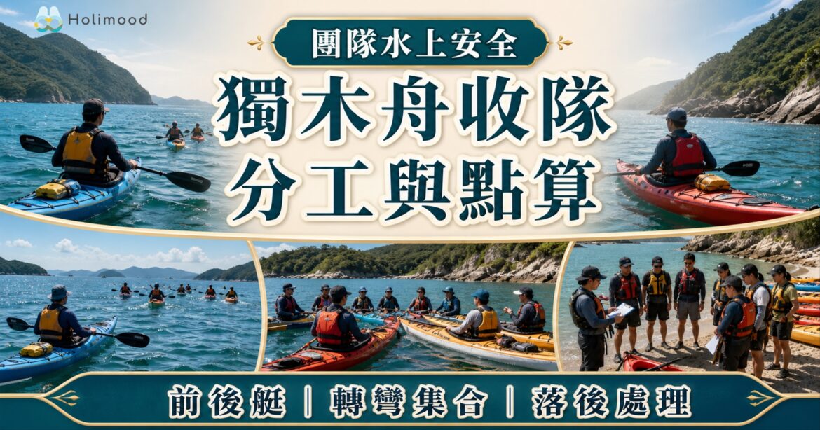 香港西貢獨木舟團隊收隊，前後艇分工保持隊形，轉彎集合後上岸點算人數與裝備