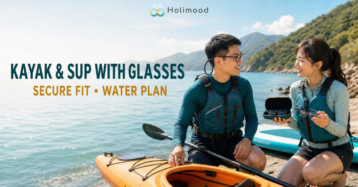 Short-sighted paddlers prepare for kayaking and SUP with secured glasses and a hard case holding backup glasses
