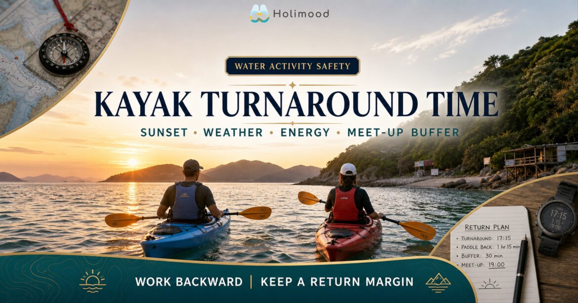 Hong Kong kayak turnaround planning using sunset, weather, energy and meet-up buffers