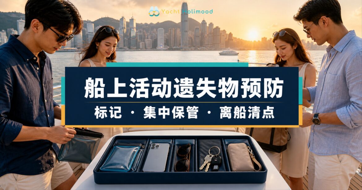香港游艇活动遗失物预防封面，参加者在离船前清点集中保管的手机、钥匙、太阳镜及小包