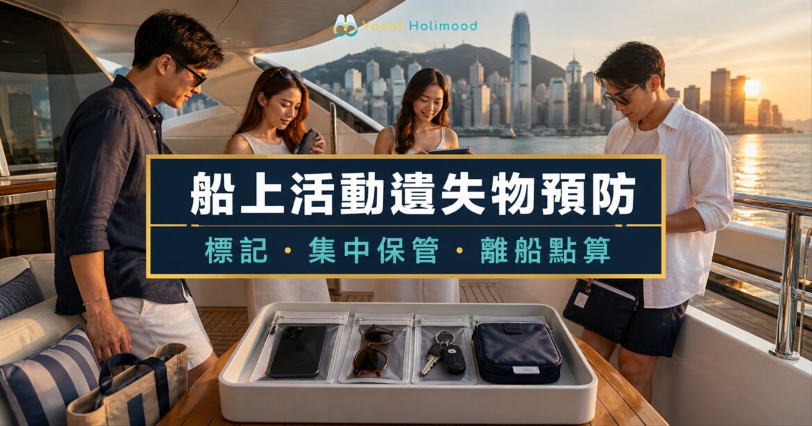 香港遊艇活動遺失物預防封面，參加者在離船前點算集中保管的手機、鎖匙、太陽眼鏡及小袋