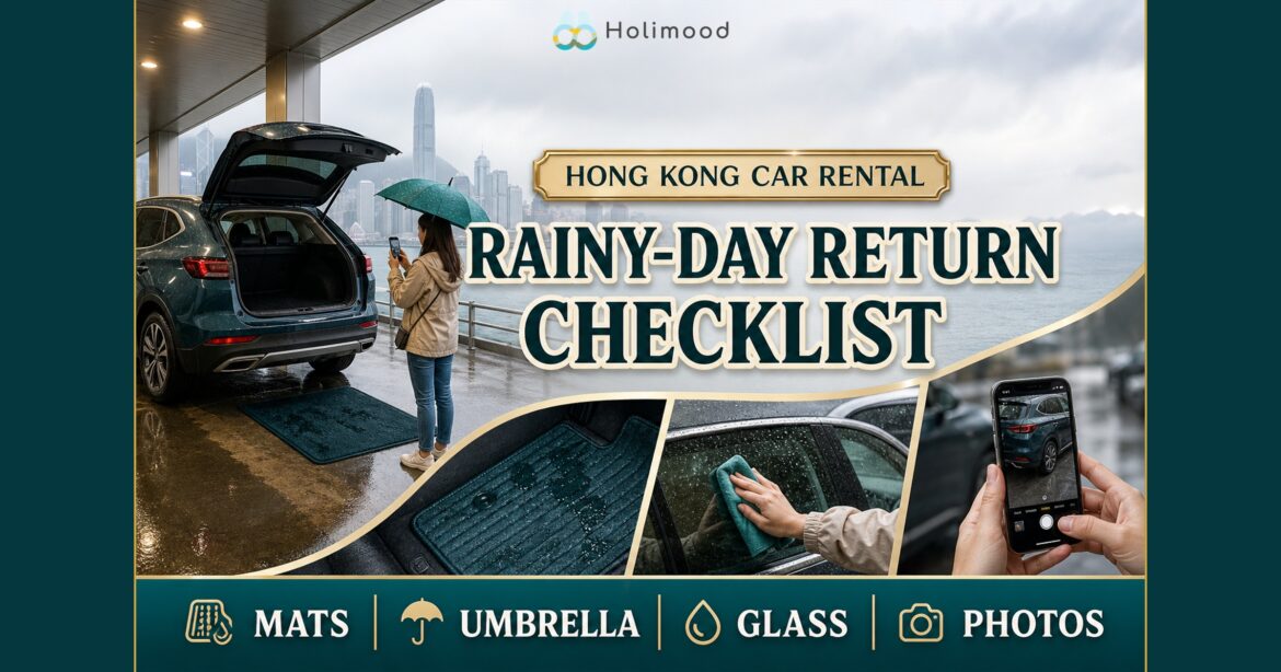 Hong Kong rainy-day rental car return with wet mats and umbrellas separated while the driver photographs glass and body condition