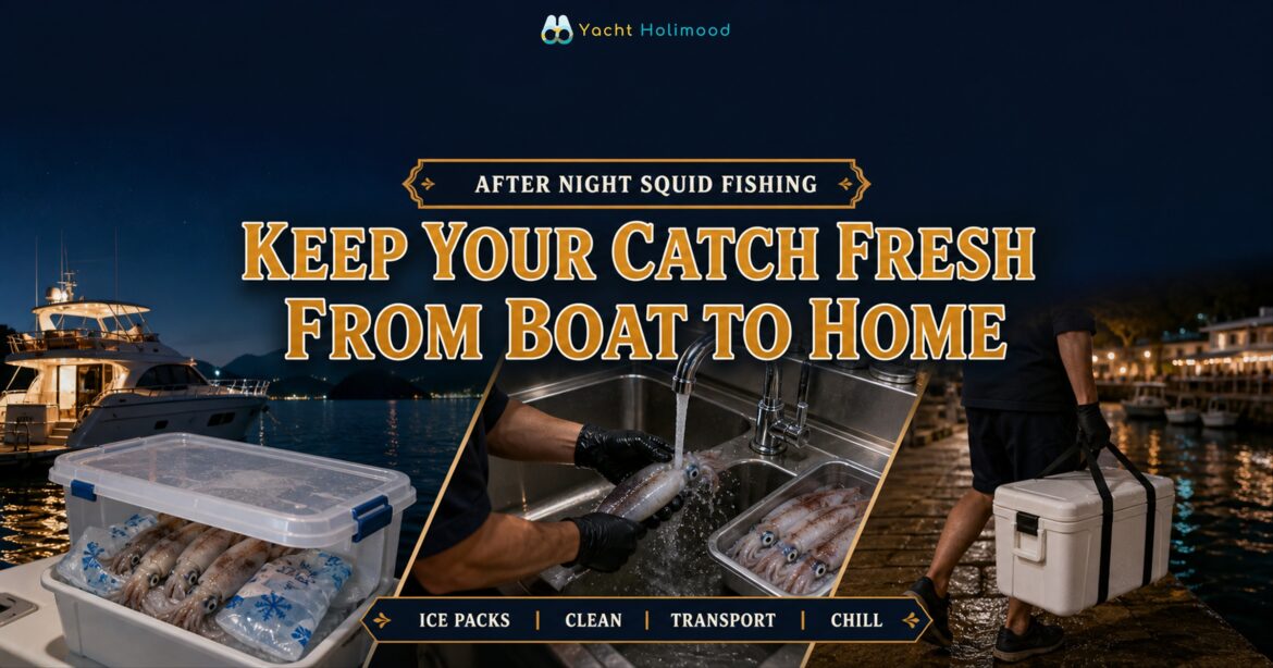 Fresh squid stored over ice packs, cleaned hygienically and carried home in an insulated cooler after Hong Kong night fishing