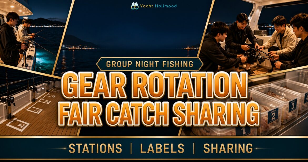 A Hong Kong Sai Kung night squid-fishing group rotates shared gear at numbered stations and labels separate catch containers for fair sharing