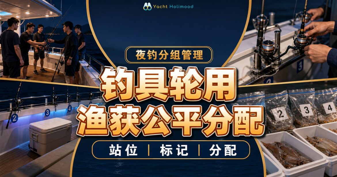 香港西贡夜钓鱿鱼游艇上，参加者按编号站位轮用钓具，渔获分箱标记以便公平分配