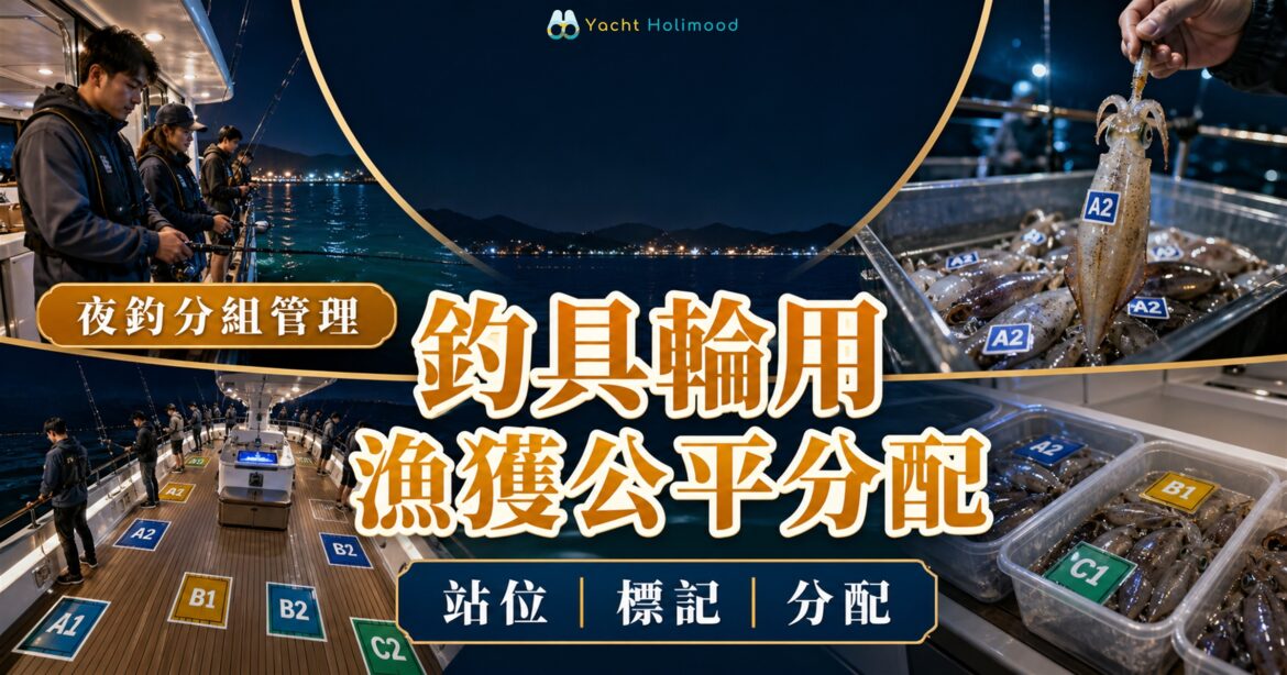 香港西貢夜釣墨魚遊艇上，參加者按編號站位輪用釣具，漁獲分桶標記以便公平分配