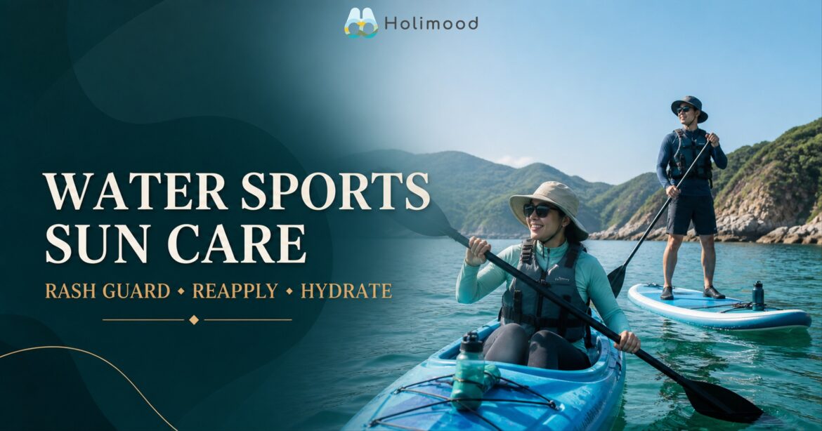 Hong Kong water sports sun protection with kayaker and paddleboarder wearing rash guards and buoyancy aids in Sai Kung