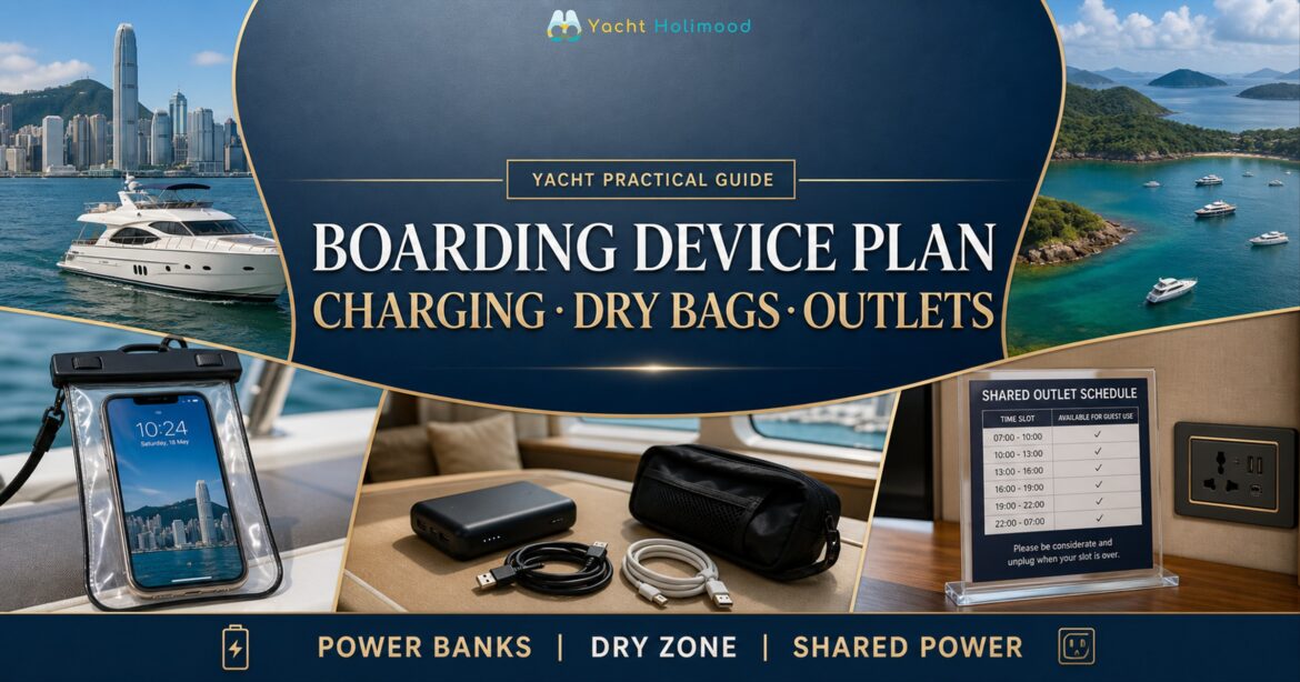 Pre-boarding yacht electronics plan in Hong Kong with a phone dry bag, inspected power banks, cables and scheduled shared outlets