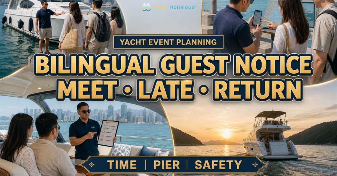 Bilingual Hong Kong yacht guest notice with a pier map, coordinator checklist, late-arrival rules, safety reminders and return plan
