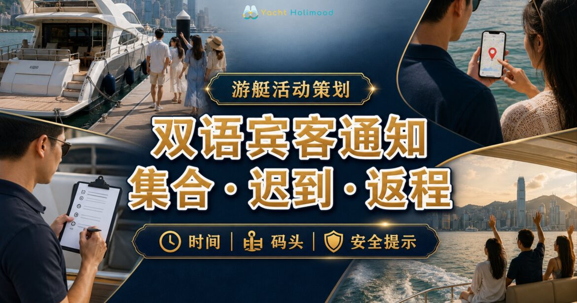 香港游艇双语宾客通知，宾客在码头查看集合定位，船员用清单确认迟到、安全提示和返程安排