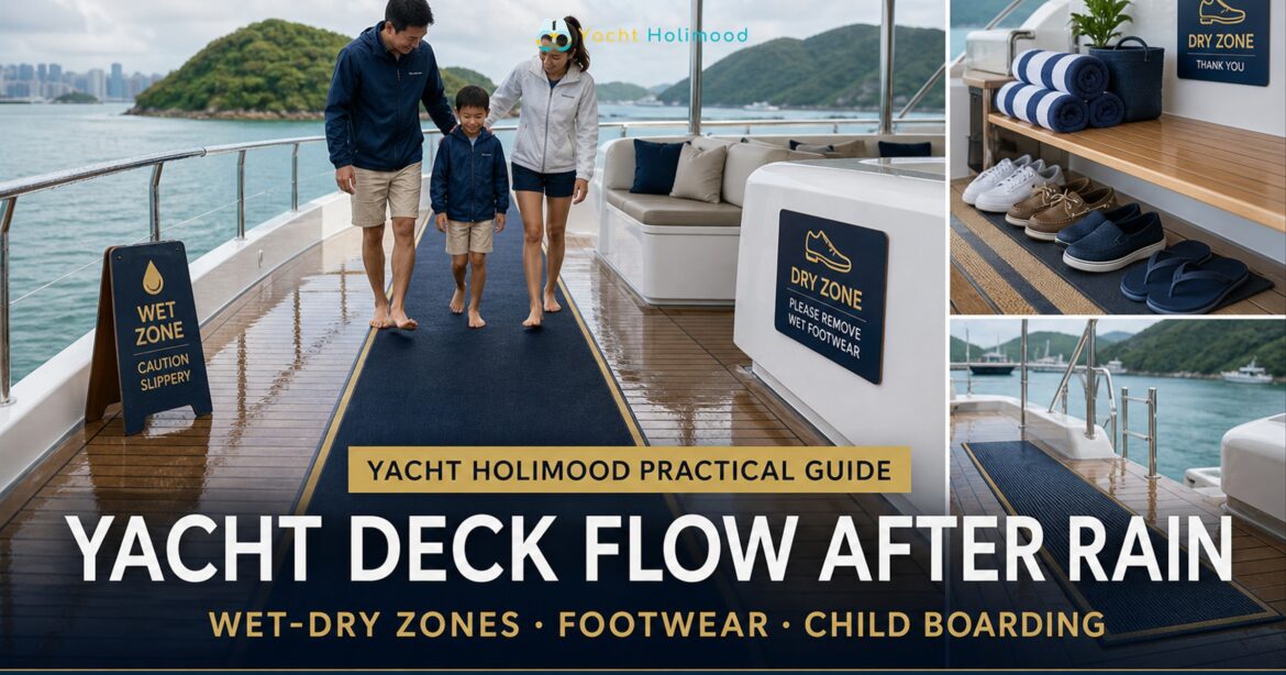 Family follows a dry walking route on a Hong Kong yacht deck after rain with footwear and towels stored aside