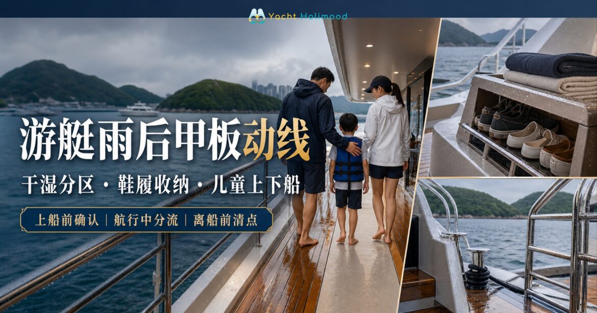 香港游艇雨后甲板设置干湿分区，家庭沿防滑主通道陪同儿童行走，鞋子与毛巾整齐收纳