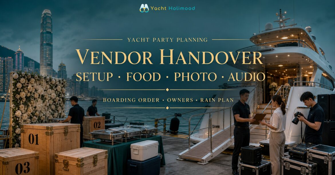 Yacht party vendors coordinate styling, catering, photography and audio equipment before boarding in Hong Kong